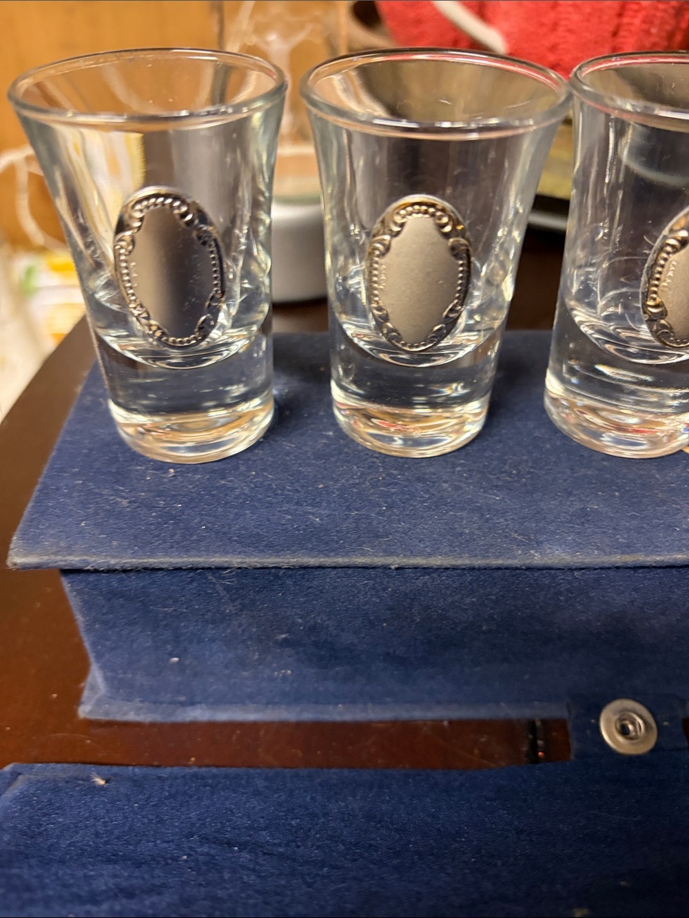 Set of 12 Etched Glass Shot Glasses with Medallions - Picture 2 of 9